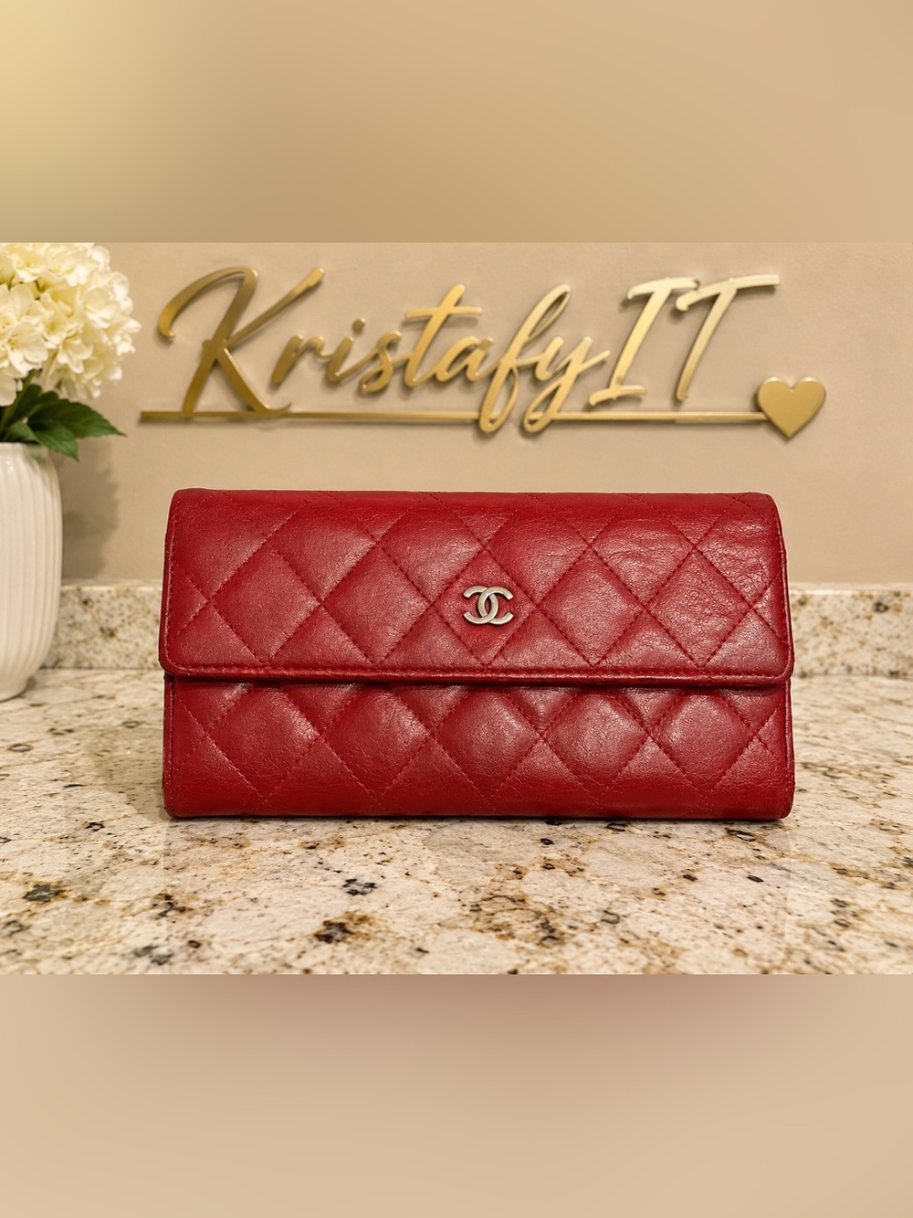 CHANEL Vintage Red Quilted Lambskin Large Flap Wallet Silver CC